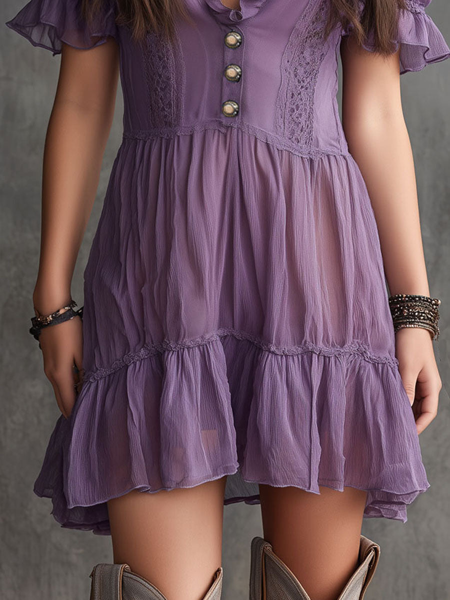 Purple Chiffon Mini Dress with Puffed Sleeves, Frills and Buttons — view 5