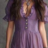 Purple Chiffon Mini Dress with Puffed Sleeves, Frills and Buttons — view 4