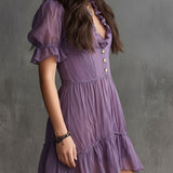 Purple Chiffon Mini Dress with Puffed Sleeves, Frills and Buttons — view 2
