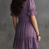 Purple Chiffon Mini Dress with Puffed Sleeves, Frills and Buttons — view 3