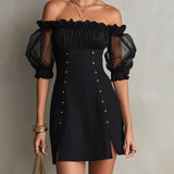 Black Mini Dress with Cut-Out Shoulders and Puff Sleeves — view 3