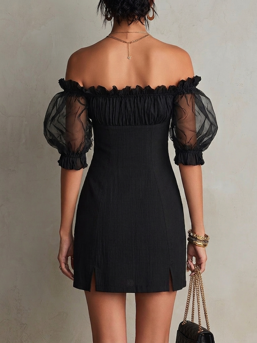 Black Mini Dress with Cut-Out Shoulders and Puff Sleeves