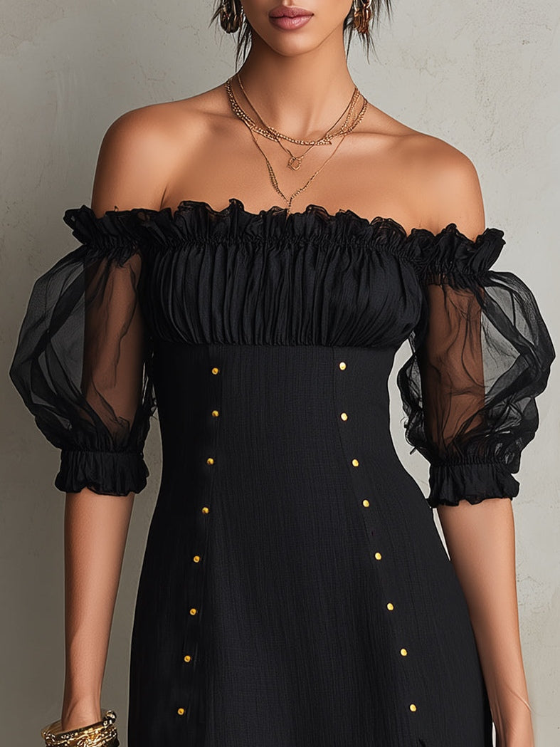 Black Mini Dress with Cut-Out Shoulders and Puff Sleeves — view 2