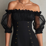 Black Mini Dress with Cut-Out Shoulders and Puff Sleeves — view 2
