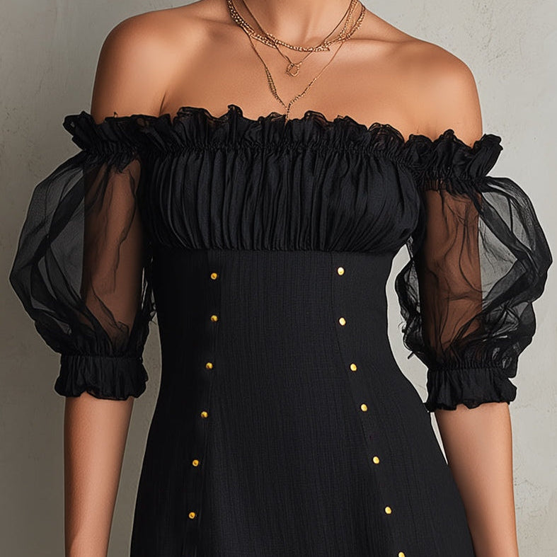 Black Mini Dress with Cut-Out Shoulders and Puff Sleeves — view 2