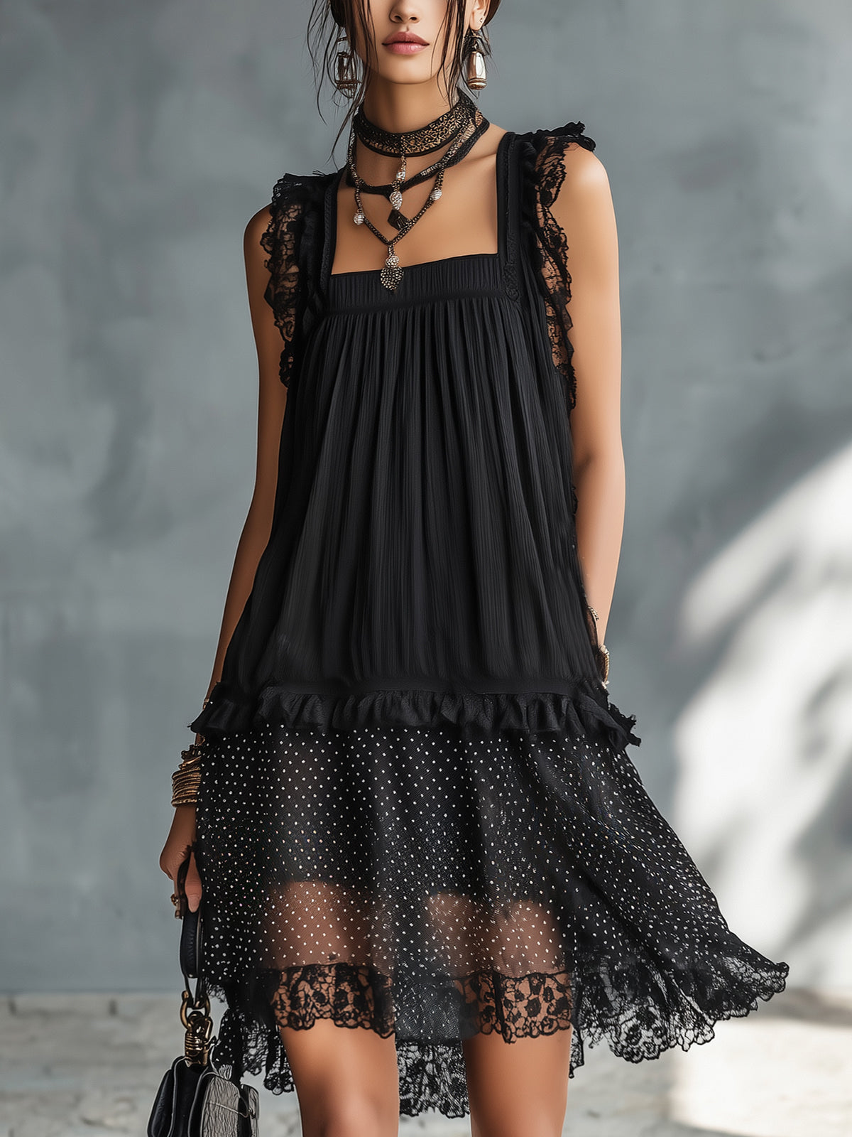 Black Tulle Mini Dress with Ruffles and Lace