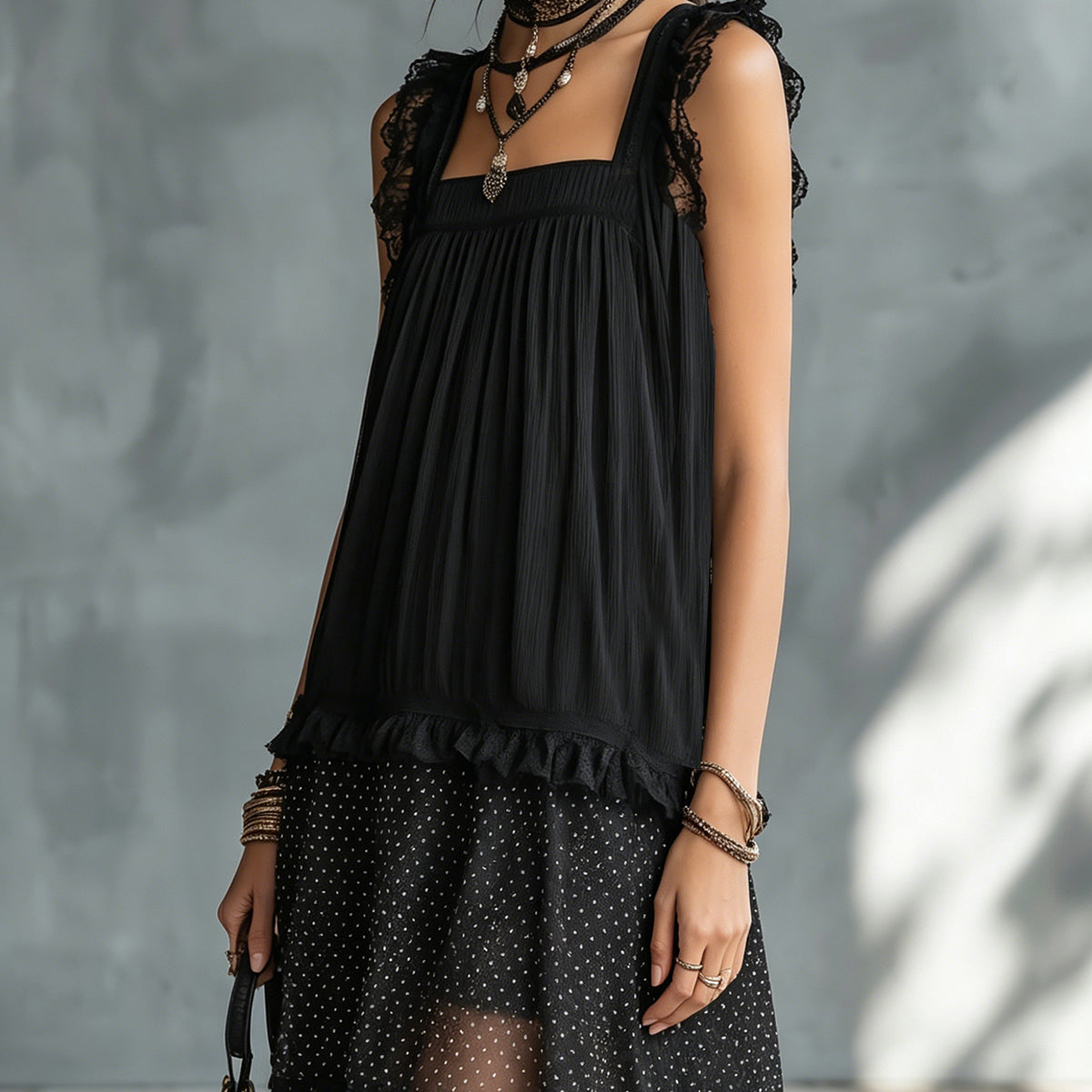 Black Tulle Mini Dress with Ruffles and Lace — view 2