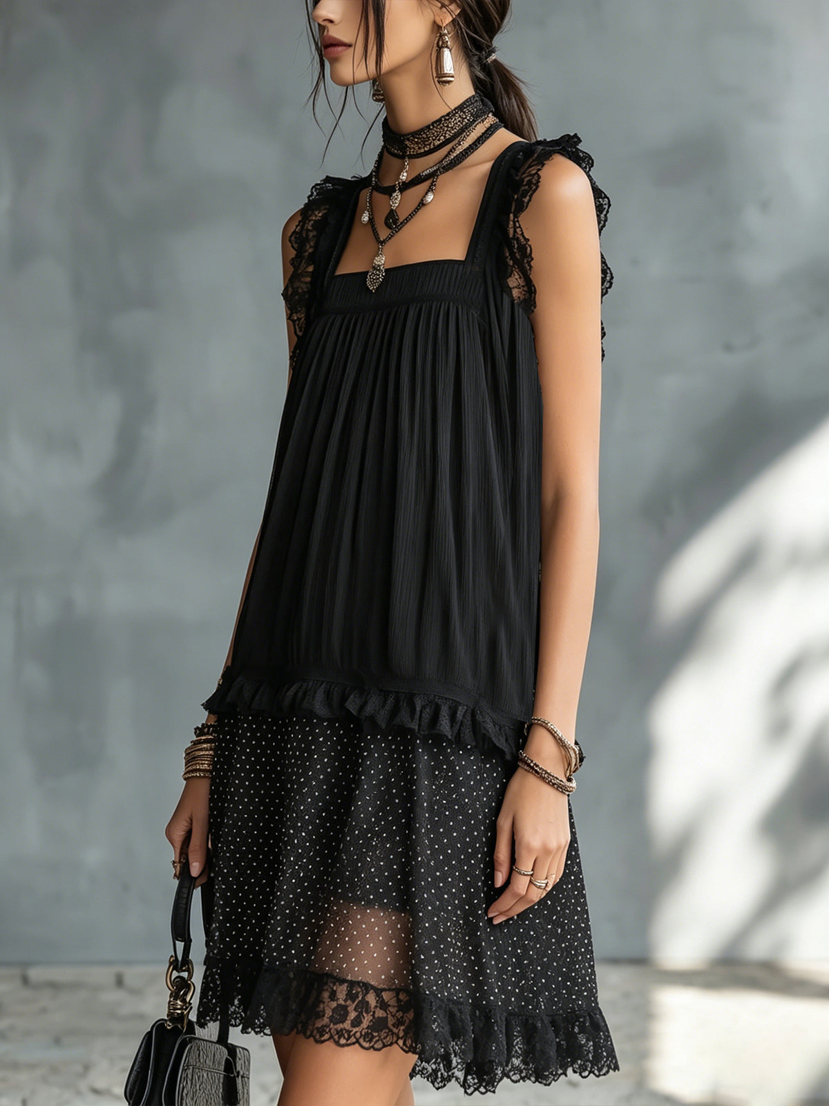 Black Tulle Mini Dress with Ruffles and Lace — view 2