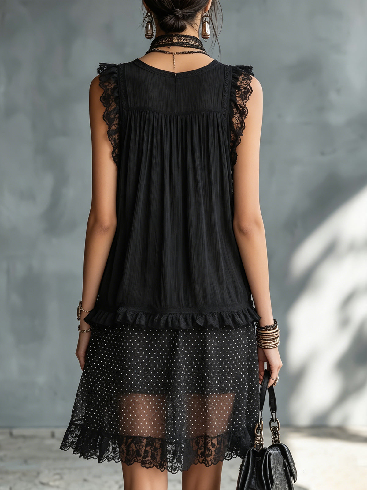Black Tulle Mini Dress with Ruffles and Lace — view 3