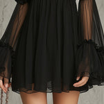 Pleated Chiffon Mini Dress with Black Floral Appliqués and High Neck — view 5