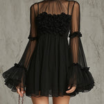 Pleated Chiffon Mini Dress with Black Floral Appliqués and High Neck