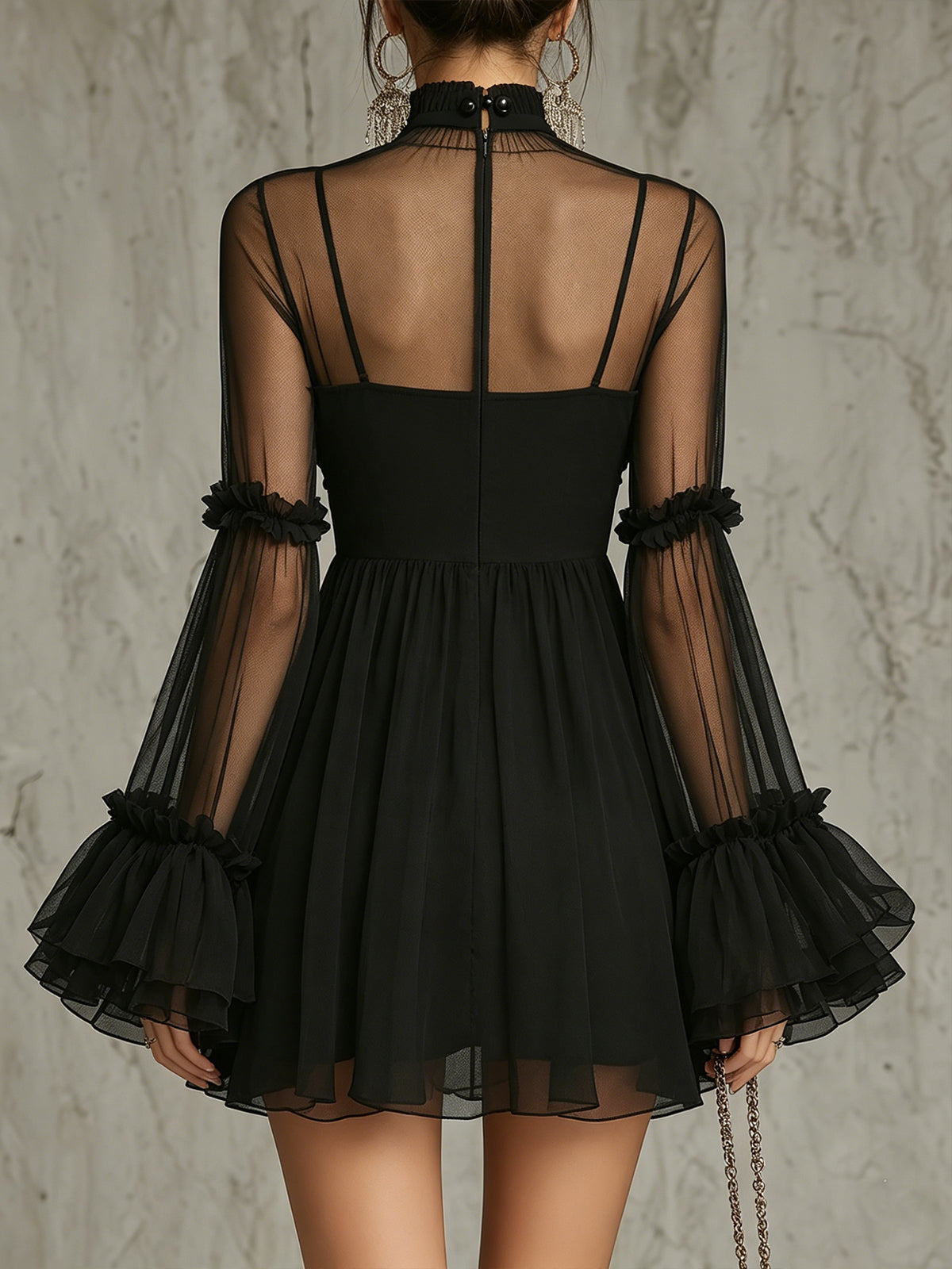 Pleated Chiffon Mini Dress with Black Floral Appliqués and High Neck — view 3