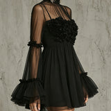 Pleated Chiffon Mini Dress with Black Floral Appliqués and High Neck — view 2
