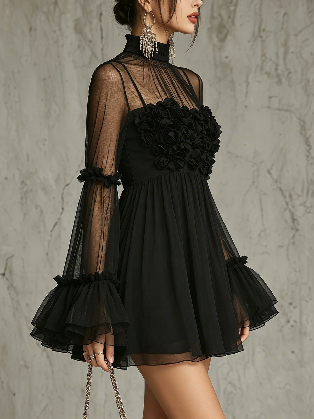 Pleated Chiffon Mini Dress with Black Floral Appliqués and High Neck — view 2