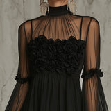 Pleated Chiffon Mini Dress with Black Floral Appliqués and High Neck — view 4