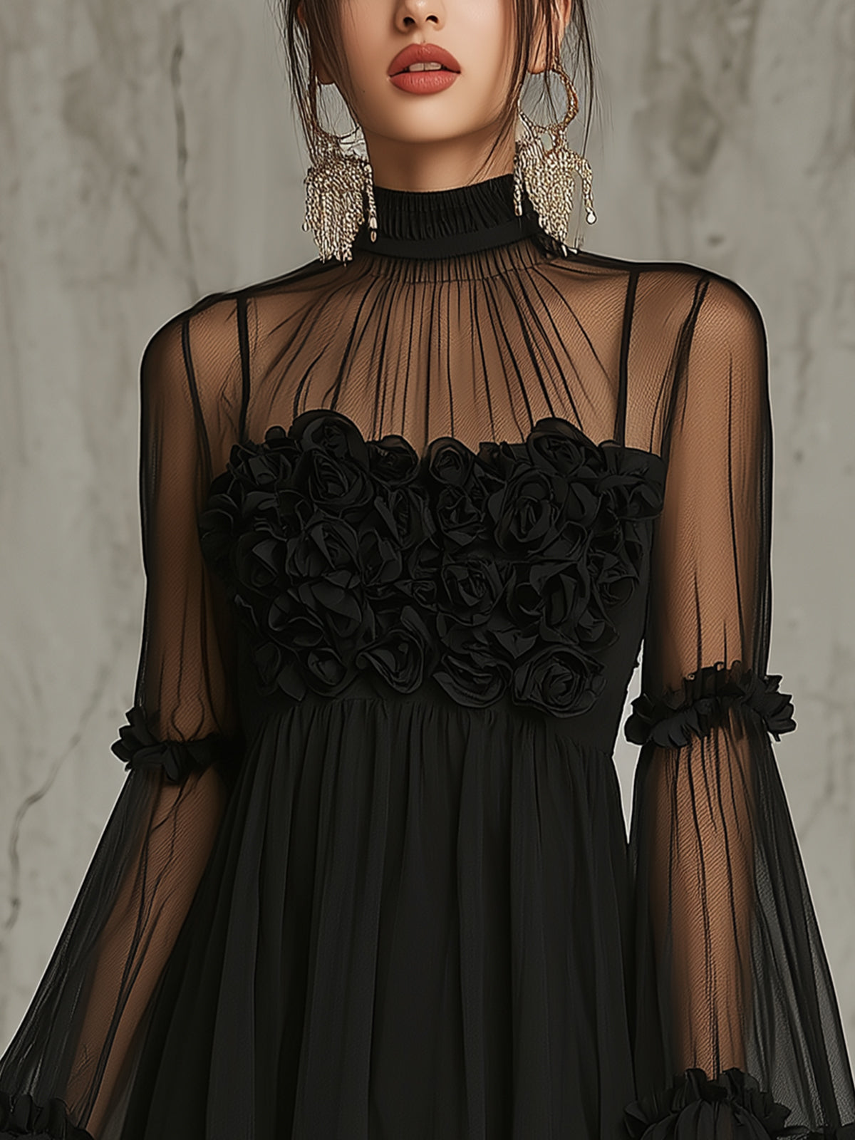 Pleated Chiffon Mini Dress with Black Floral Appliqués and High Neck — view 4