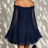 Navy Blue Mini Dress with Off-the-Shoulder Neckline and Bell Sleeves — view 4