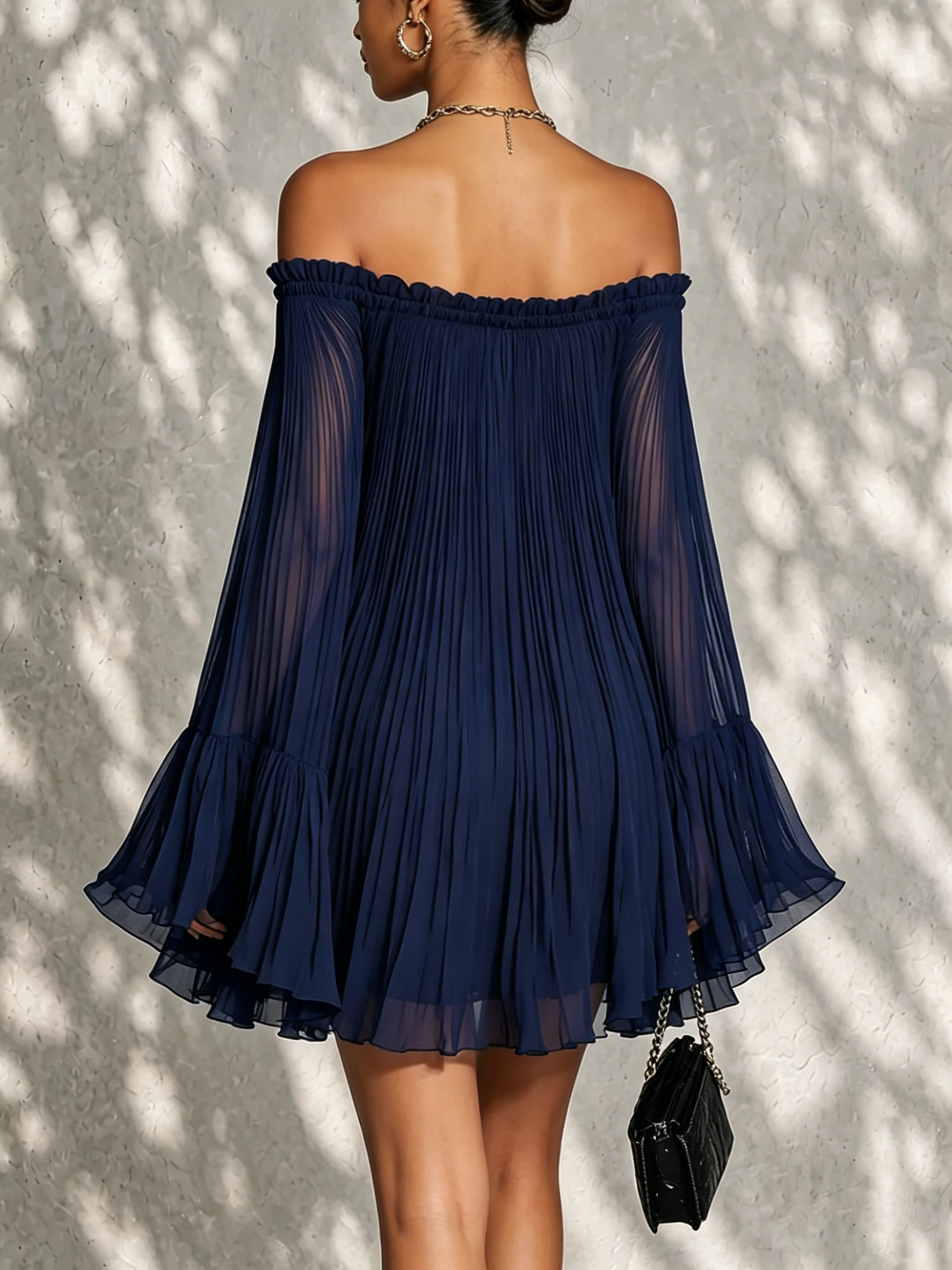 Navy Blue Mini Dress with Off-the-Shoulder Neckline and Bell Sleeves — view 4
