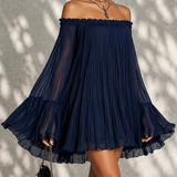 Navy Blue Mini Dress with Off-the-Shoulder Neckline and Bell Sleeves — view 3