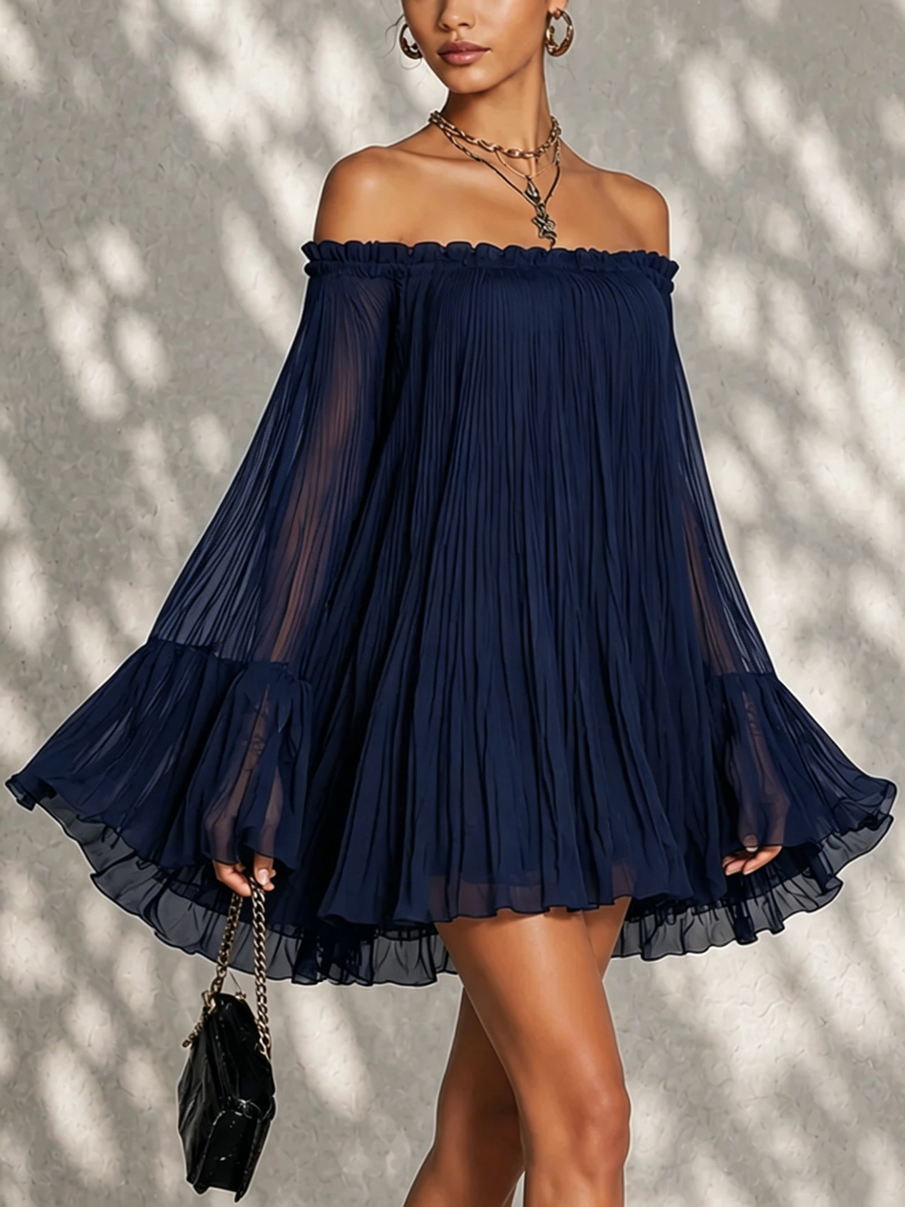 Navy Blue Mini Dress with Off-the-Shoulder Neckline and Bell Sleeves — view 3