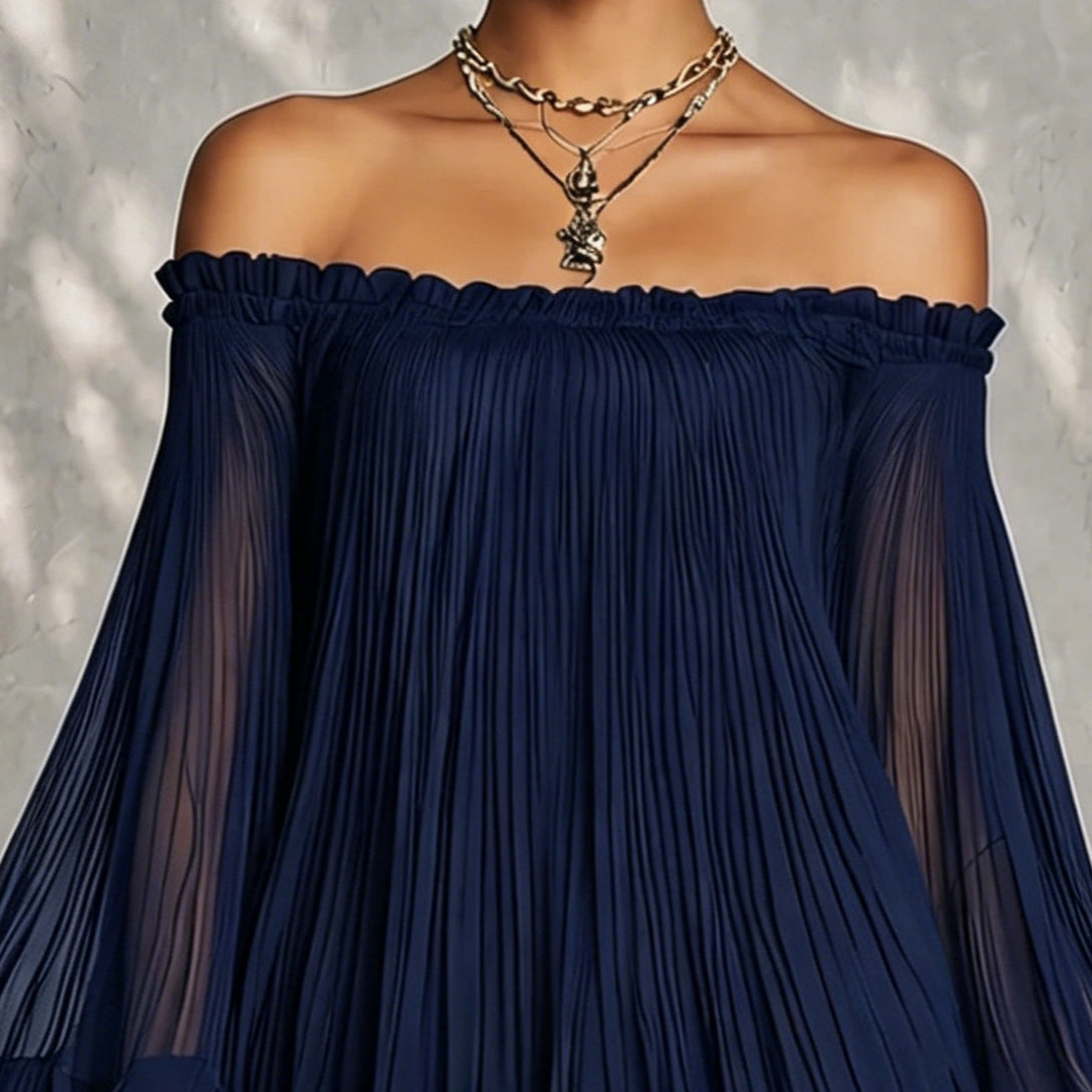 Navy Blue Mini Dress with Off-the-Shoulder Neckline and Bell Sleeves