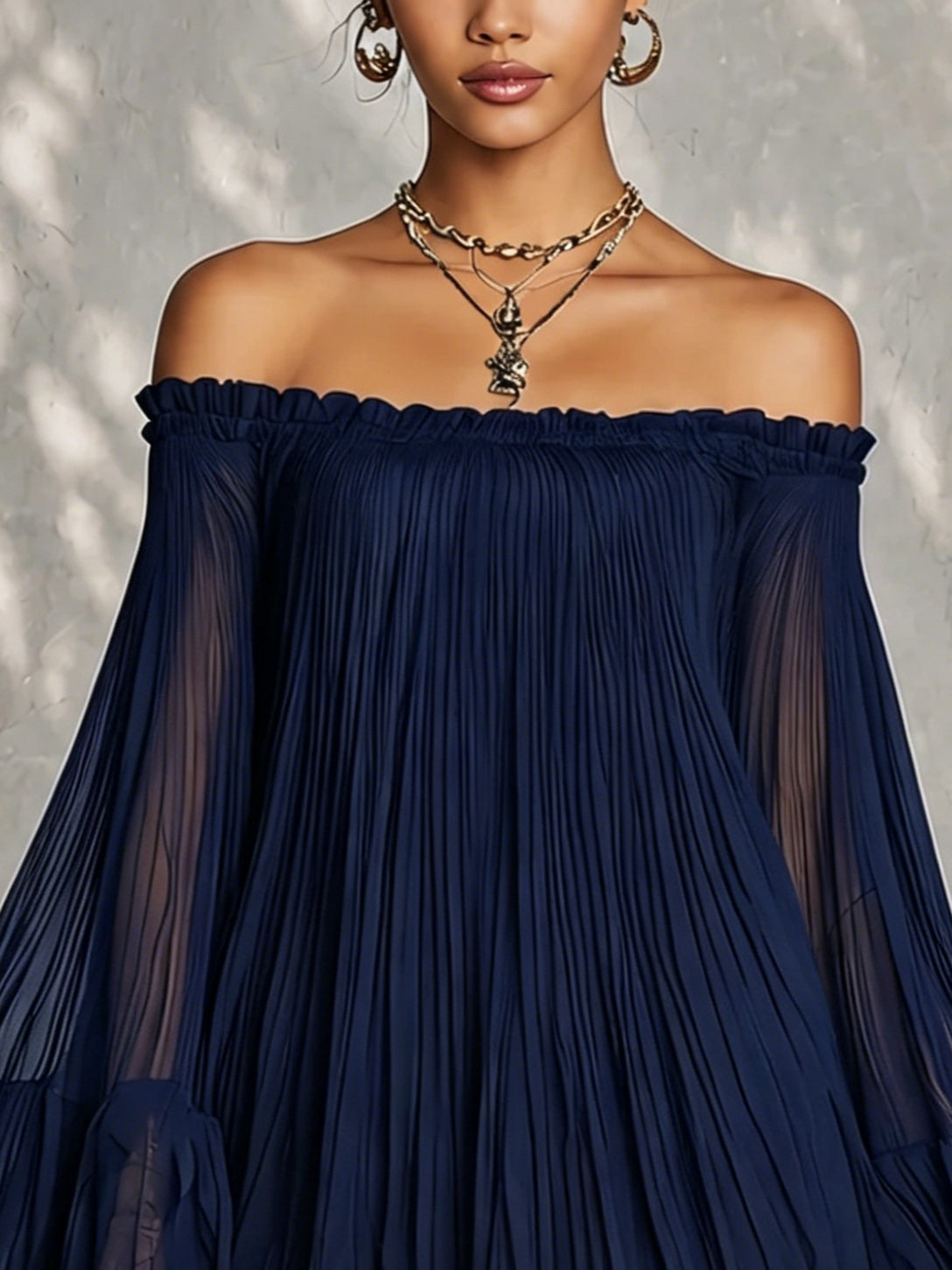 Navy Blue Mini Dress with Off-the-Shoulder Neckline and Bell Sleeves