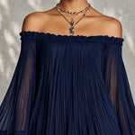 Navy Blue Mini Dress with Off-the-Shoulder Neckline and Bell Sleeves