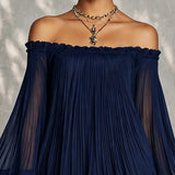 Navy Blue Mini Dress with Off-the-Shoulder Neckline and Bell Sleeves