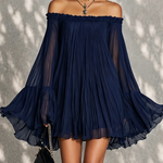 Navy Blue Mini Dress with Off-the-Shoulder Neckline and Bell Sleeves — view 2