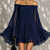 Navy Blue Mini Dress with Off-the-Shoulder Neckline and Bell Sleeves — view 2