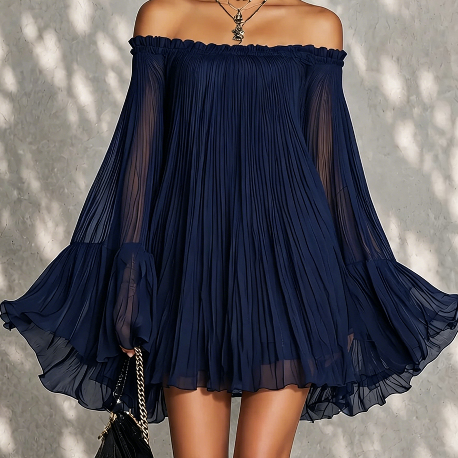 Navy Blue Mini Dress with Off-the-Shoulder Neckline and Bell Sleeves — view 2