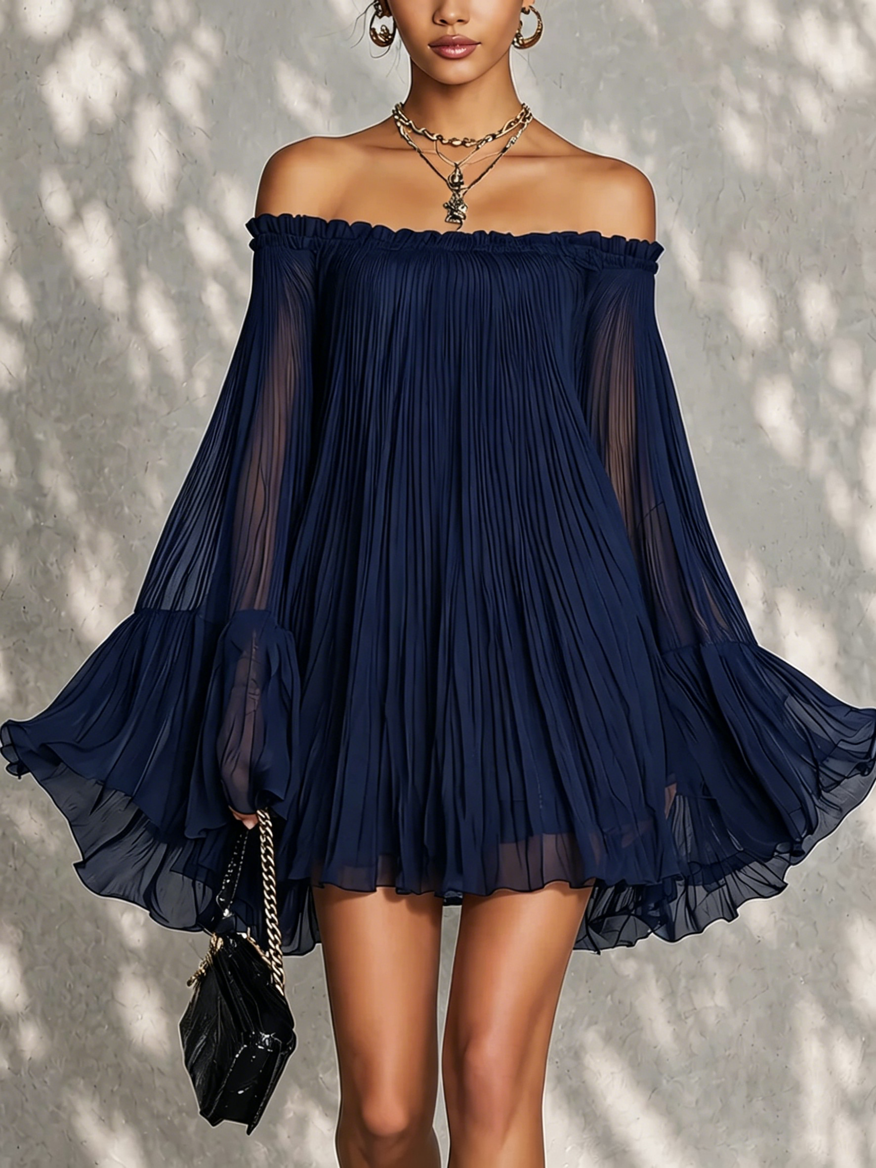 Navy Blue Mini Dress with Off-the-Shoulder Neckline and Bell Sleeves — view 2