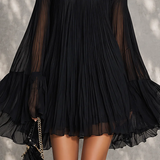 Black Mini Dress in Chiffon with Off-Shoulder Neckline and Bell Sleeves — view 5