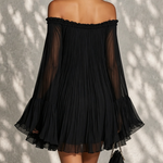 Black Mini Dress in Chiffon with Off-Shoulder Neckline and Bell Sleeves — view 3