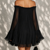 Black Mini Dress in Chiffon with Off-Shoulder Neckline and Bell Sleeves — view 3