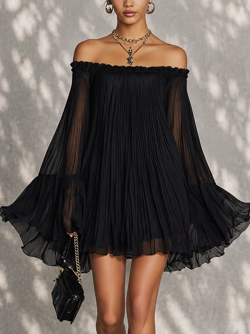 Black Mini Dress in Chiffon with Off-Shoulder Neckline and Bell Sleeves