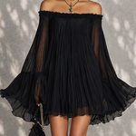 Black Mini Dress in Chiffon with Off-Shoulder Neckline and Bell Sleeves