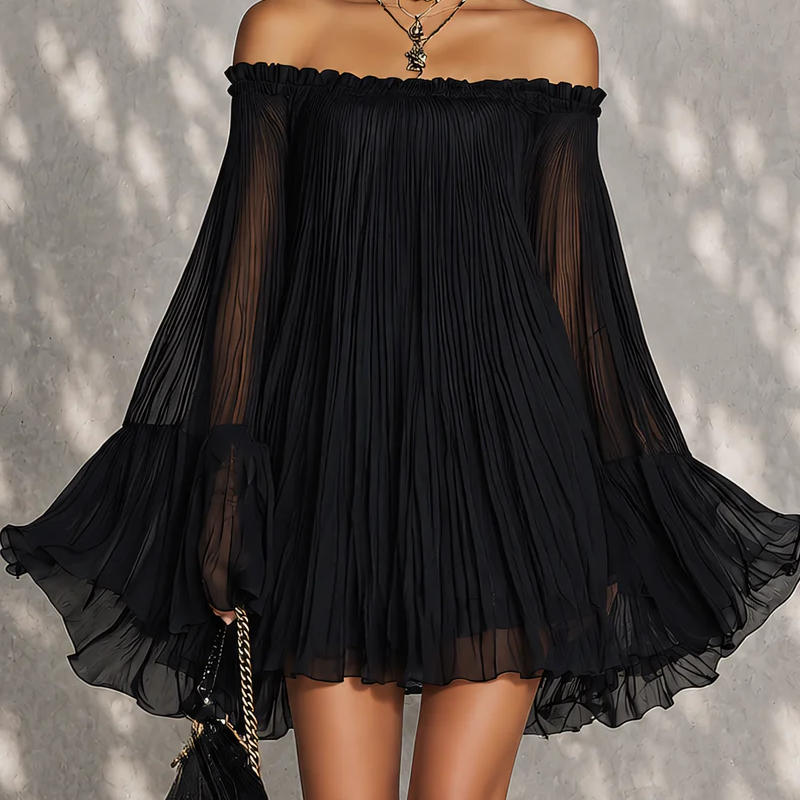 Black Mini Dress in Chiffon with Off-Shoulder Neckline and Bell Sleeves