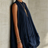 Puffy Chiffon Mini Dress with Round Collar, Navy Blue
