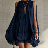 Puffy Chiffon Mini Dress with Round Collar, Navy Blue