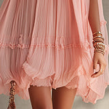 Puff Chiffon Mini Dress with Cutout Shoulders and Pink Ruffles — view 4