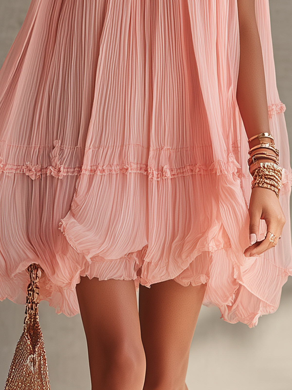 Puff Chiffon Mini Dress with Cutout Shoulders and Pink Ruffles — view 4