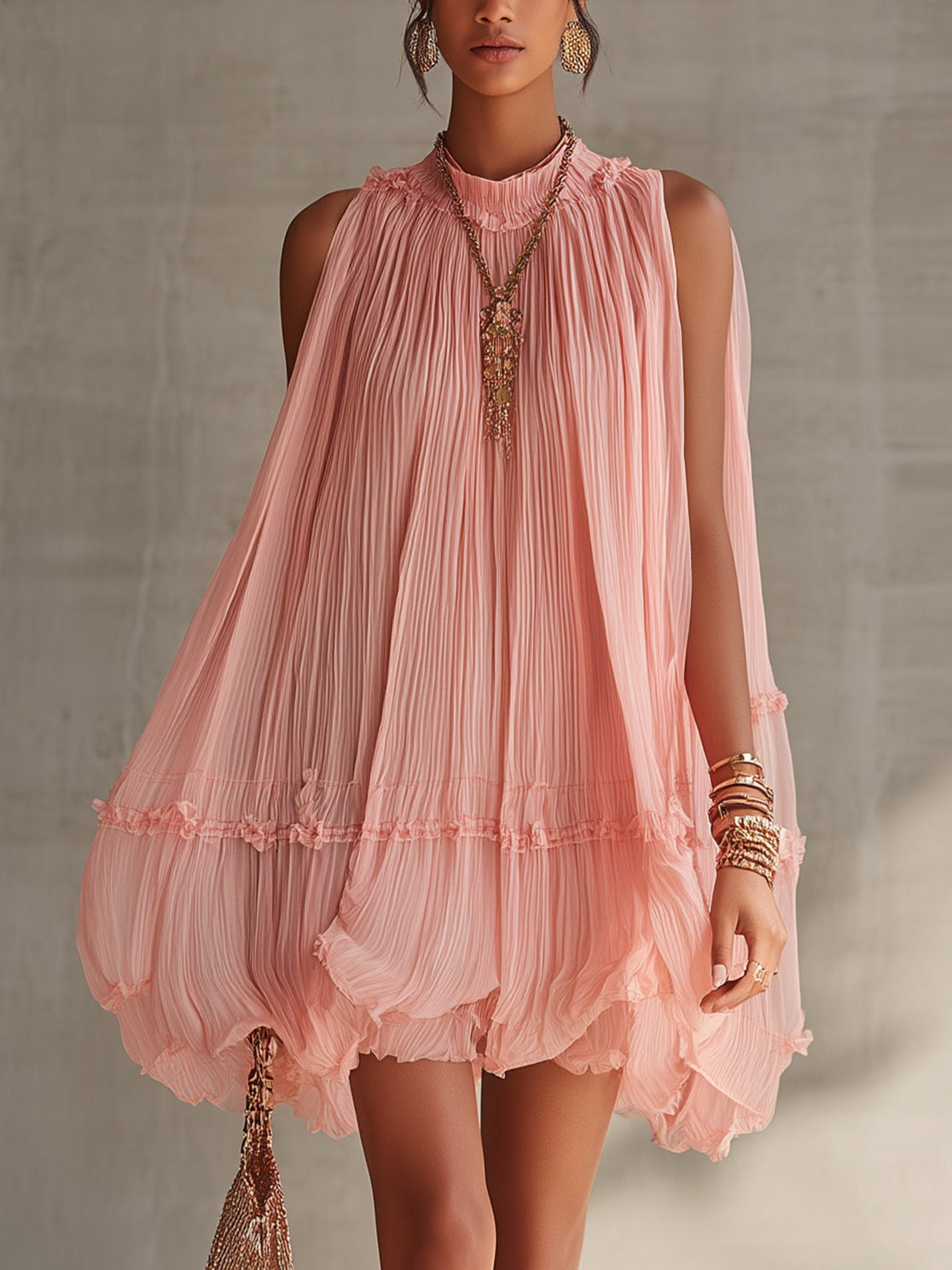 Puff Chiffon Mini Dress with Cutout Shoulders and Pink Ruffles