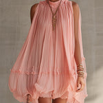 Puff Chiffon Mini Dress with Cutout Shoulders and Pink Ruffles