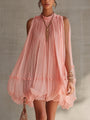 Puff Chiffon Mini Dress with Cutout Shoulders and Pink Ruffles