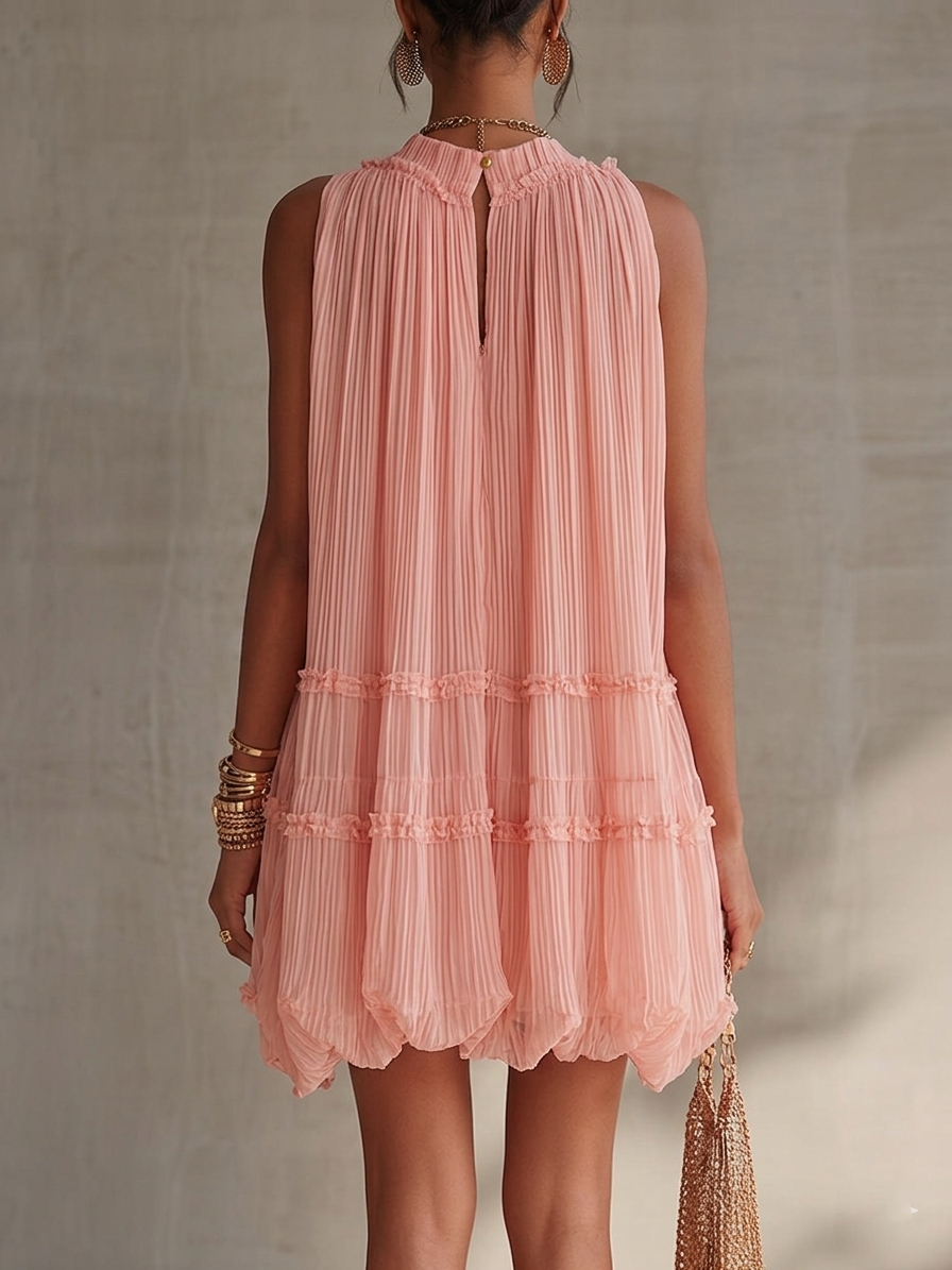Puff Chiffon Mini Dress with Cutout Shoulders and Pink Ruffles — view 2