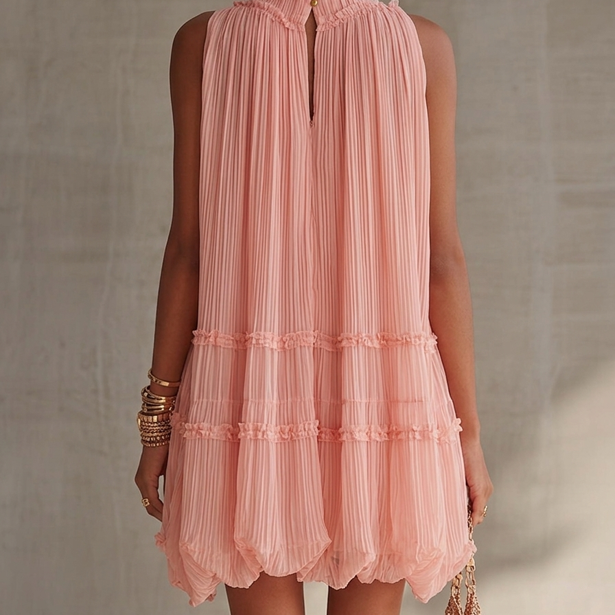 Puff Chiffon Mini Dress with Cutout Shoulders and Pink Ruffles — view 2