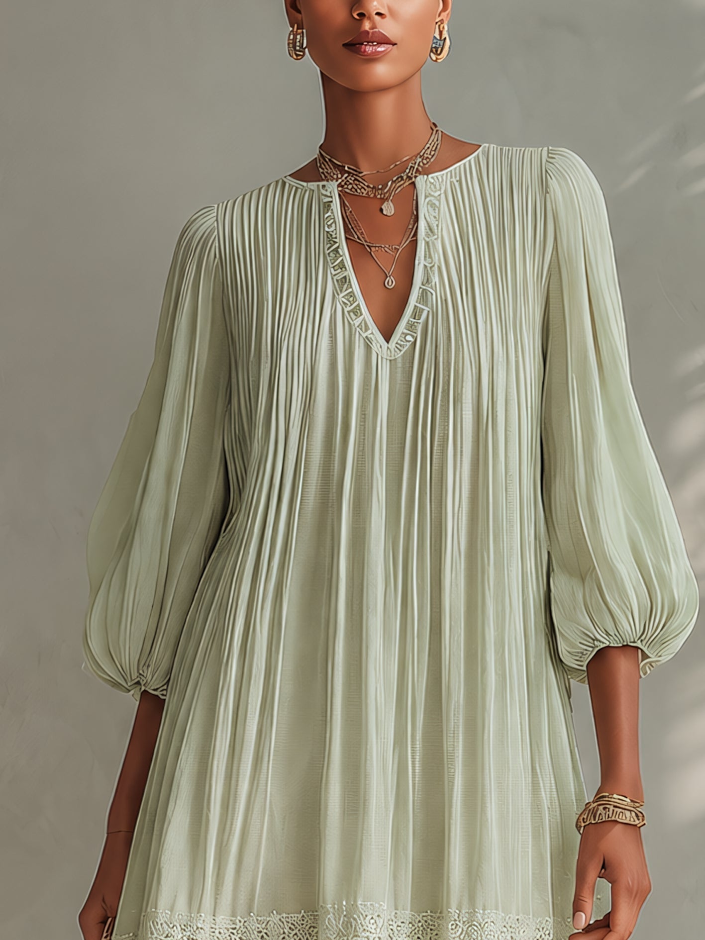 Pleated Chiffon Mini Dress with Lantern Sleeves, Light Green — view 4