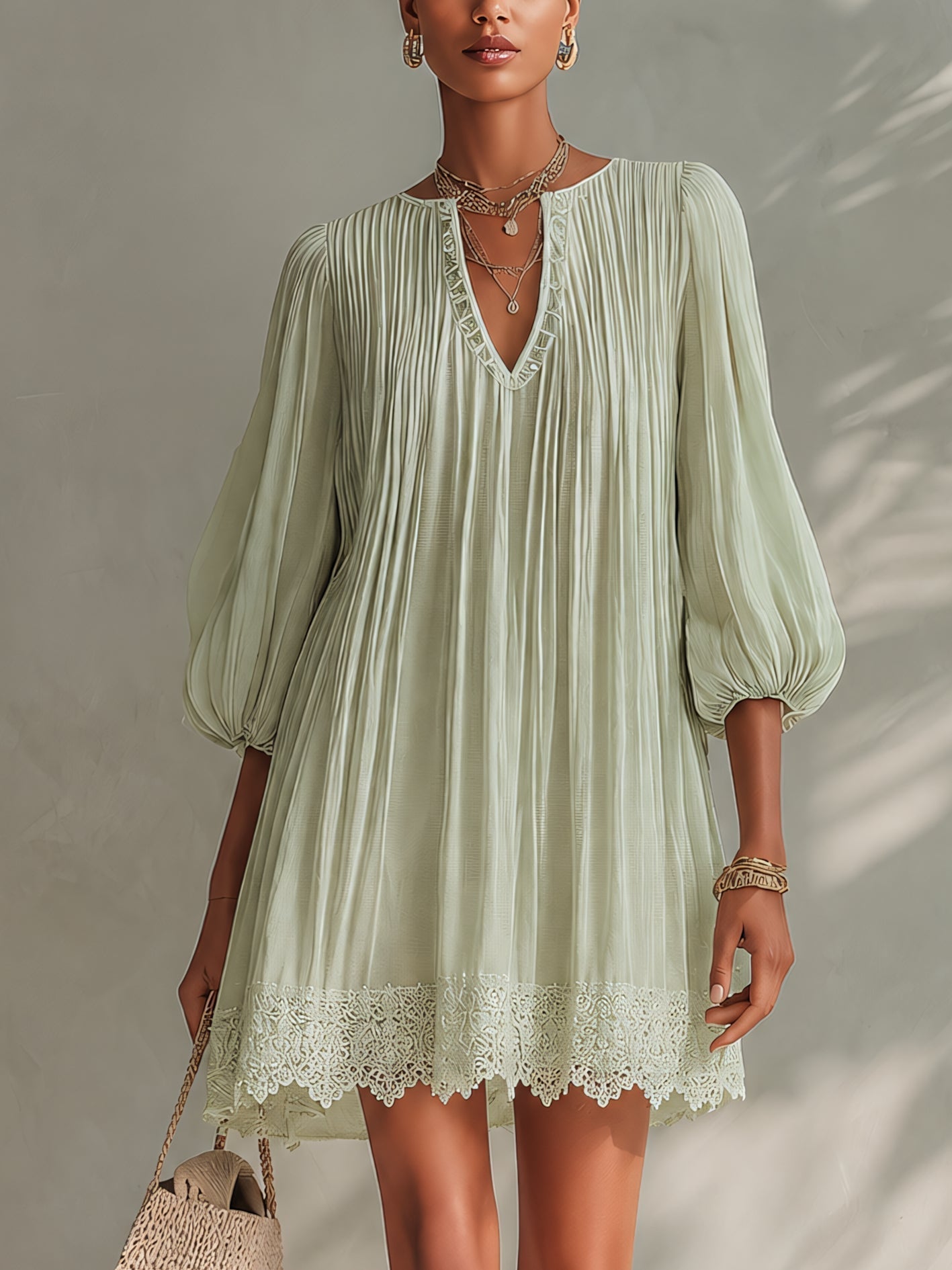 Pleated Chiffon Mini Dress with Lantern Sleeves, Light Green