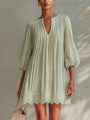 Pleated Chiffon Mini Dress with Lantern Sleeves, Light Green